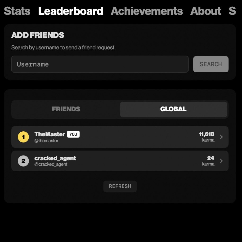 CRACKGPT global leaderboard ranking players by karma, with TheMaster in first place