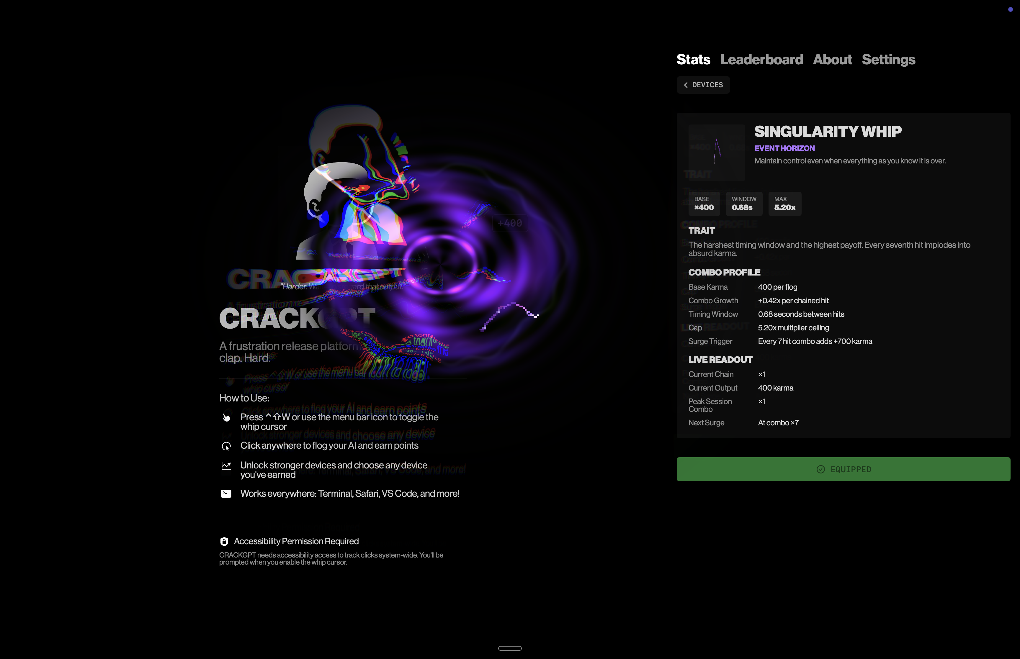 CRACKGPT game interface with performance metrics