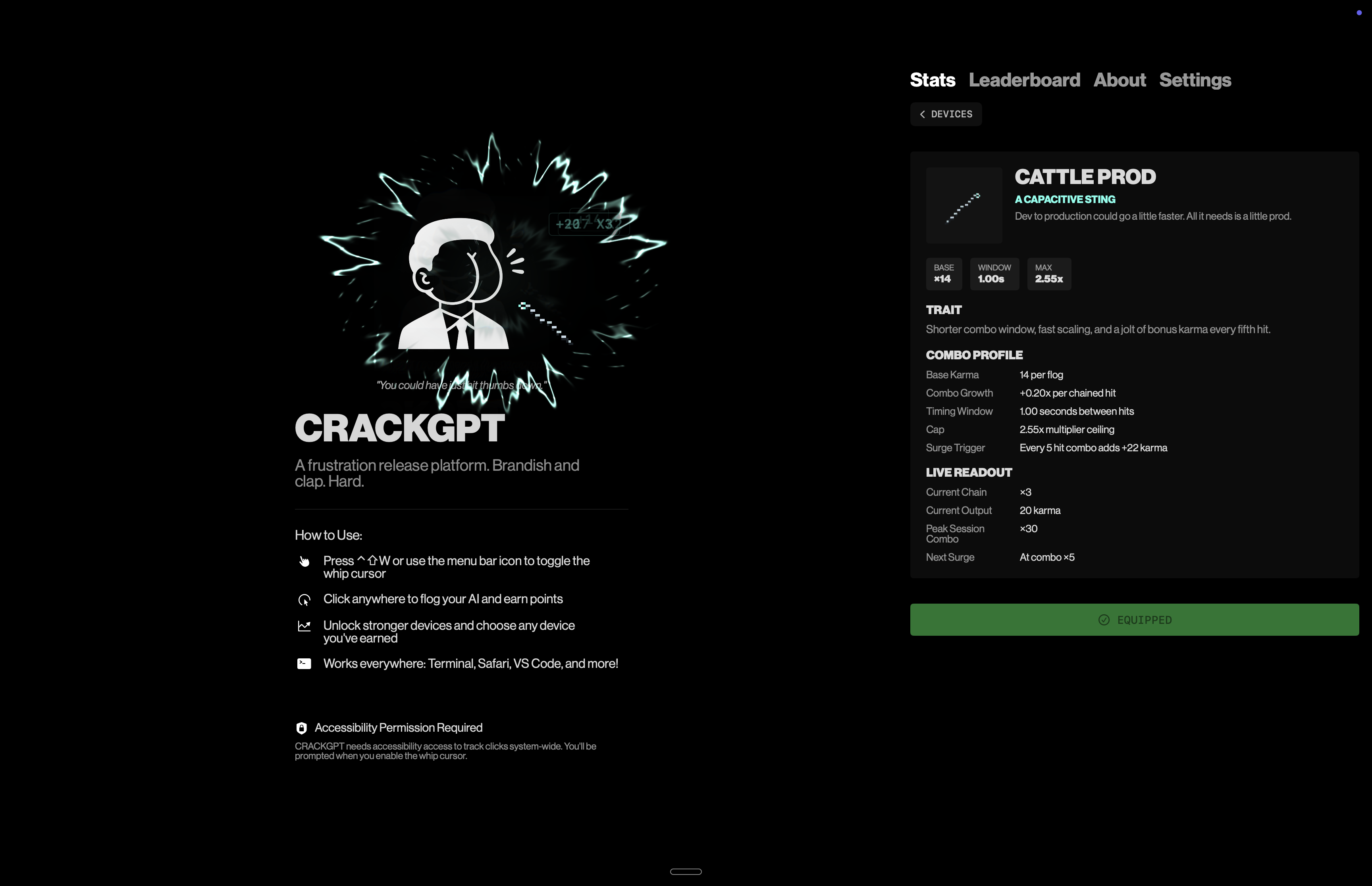 CRACKGPT game screen with lightning icon